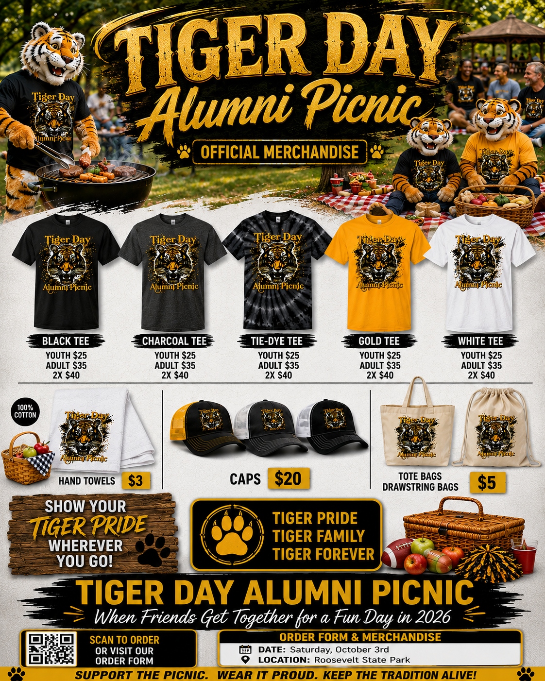 Tiger Day Alumni Picnic official merchandise — tees, caps, bags and towels with pricing