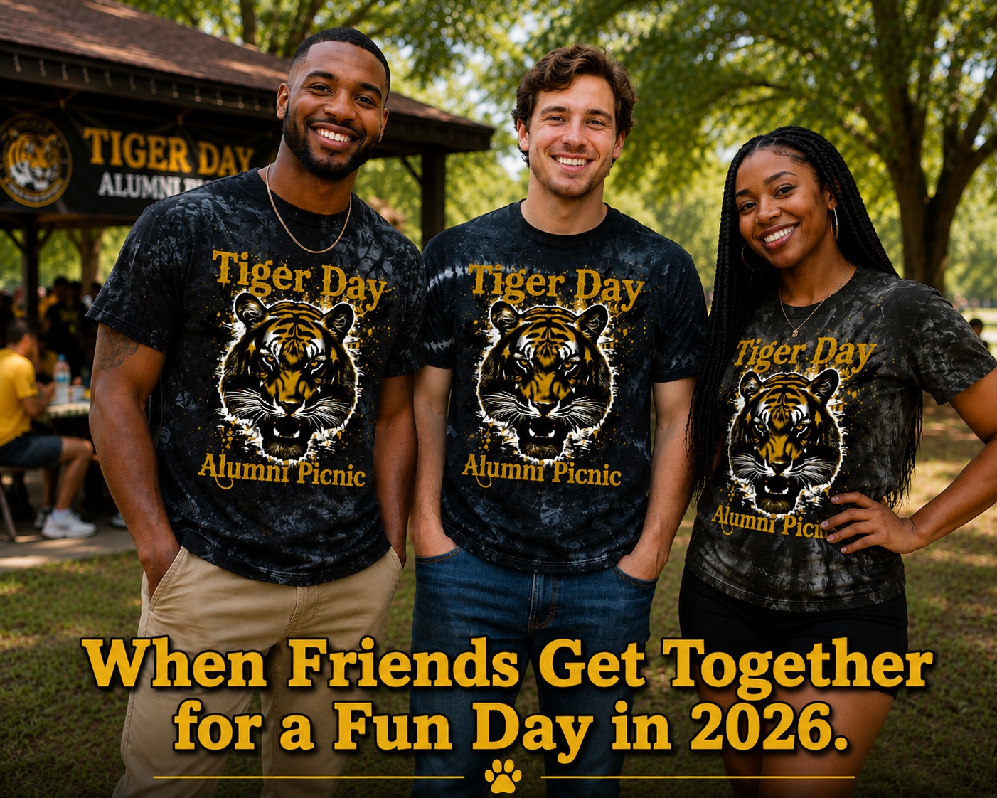 Alumni in matching Tiger Day tie-dye shirts at the picnic